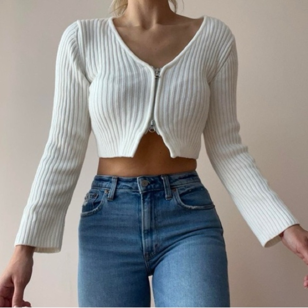Garage Cream Cropped Knit Zip Up Sweater